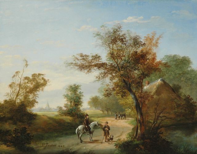 Leendert Jonker | Zomerlandschap met landvolk en reiziger te paard, olieverf op paneel, 32,8 x 41,3 cm, gesigneerd l.v.h.m. en gedateerd 1847