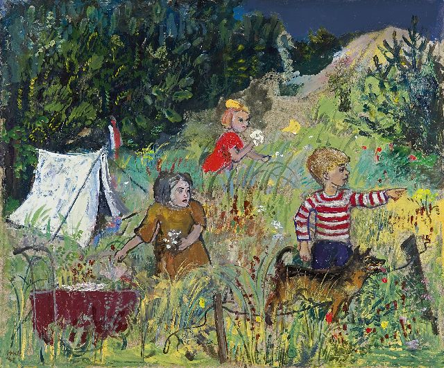 Harm Kamerlingh Onnes | Kamperen in de duinen, olieverf op eterniet, 33,0 x 40,1 cm, gesigneerd l.o. met monogram en gedateerd '43