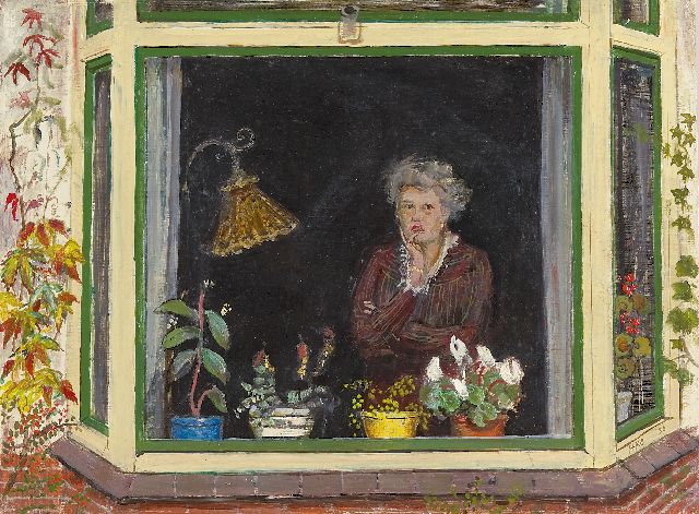 Harm Kamerlingh Onnes | Vrouw in erker, olieverf op board, 30,2 x 40,0 cm, gesigneerd r.o. met monogram en gedateerd '50