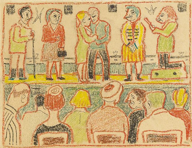 Harm Kamerlingh Onnes | De toneelvoorstelling, krijt op papier, 23,6 x 30,6 cm, gesigneerd r.o. met mon. en gedateerd '66