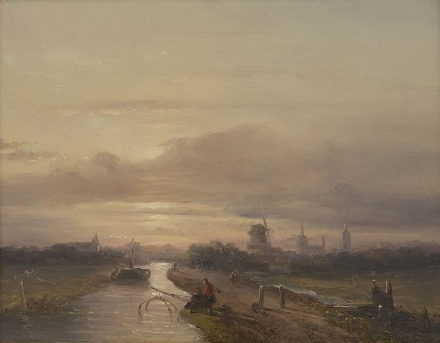 Salomon Verveer | Twee vissers aan een vaart bij ondergaande zon, olieverf op paneel, 17,5 x 23,2 cm, gesigneerd r.o.