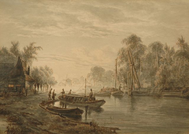 Jacob Abels | Reizigers bij een trekschuit bij zonsopgang, pen en penseel in bruine en zwarte inkt op papier, 23,0 x 32,5 cm, gesigneerd r.o. en gedateerd 1849