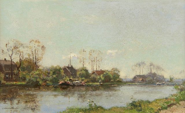 Cornelis Vreedenburgh | Afgemeerde platbodem op Hollandse vaart, olieverf op paneel, 21,3 x 34,9 cm, gesigneerd l.o.