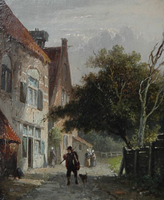 Adrianus Eversen | Man met hond in zonnig dorpsstraatje, olieverf op paneel, 12,9 x 10,9 cm, gesigneerd l.o. met monogram