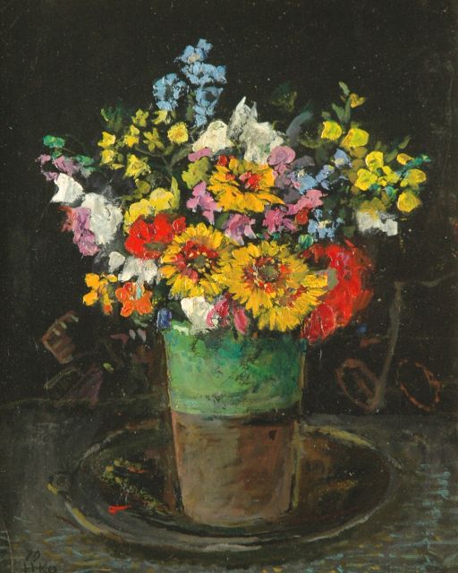 Harm Kamerlingh Onnes | Kleurrijk boeket in groene vaas, olieverf op board, 34,5 x 28,0 cm, gesigneerd l.o. met monogram en gedateerd '79