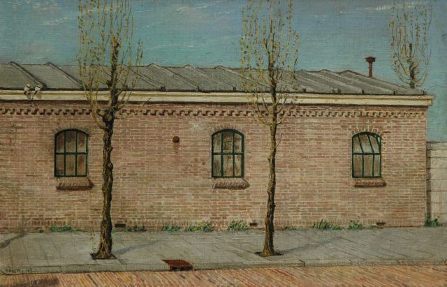 Harm Kamerlingh Onnes | Loods met stalramen, olieverf op doek op paneel, 44,5 x 29,5 cm, gesigneerd l.o. met monogram en gedateerd '42