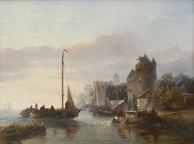 Salomon Verveer | Bedrijvigheid op de rivier met de Grote Kerk van Dordrecht in de verte, olieverf op paneel, 42,8 x 57,9 cm, gesigneerd r.o. en gedateerd '47