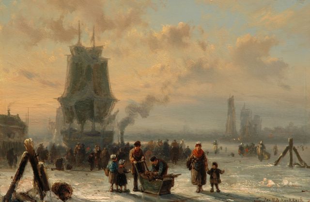 Jan H.B. Koekkoek | Drukte op het ijs, olieverf op paneel, 23,5 x 35,5 cm, gesigneerd r.o.