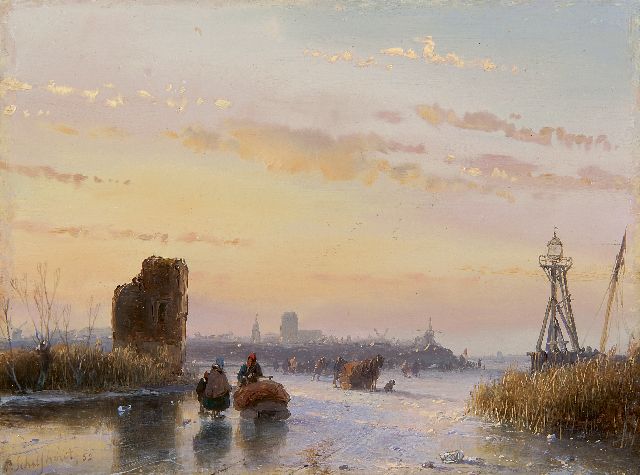 Andreas Schelfhout | Schaatsers op het ijs bij een vuurbaken, olieverf op paneel, 16,7 x 22,6 cm, gesigneerd l.o. en gedateerd '52