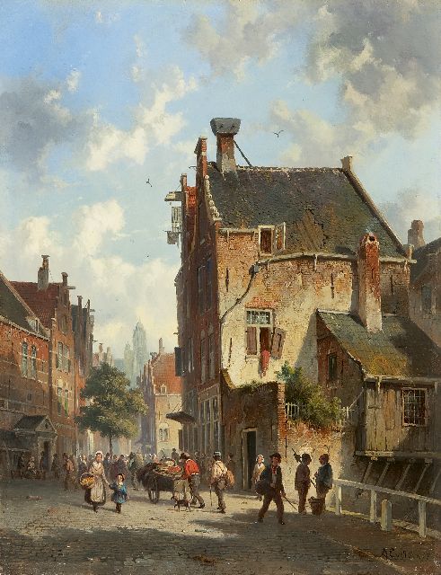 Adrianus Eversen | Drukbevolkt Hollands straatje (pendant van 13814), olieverf op paneel, 33,5 x 25,5 cm, gesigneerd r.o. en gedateerd '57