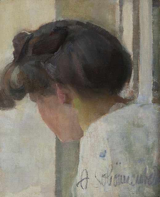 Adolf Schönnenbeck | Jonge modieuze vrouw, van opzij gezien, olieverf op doek, 36,0 x 29,2 cm, gesigneerd r.o.