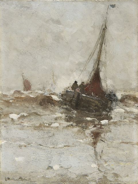 Morgenstjerne Munthe | Bomschuit in de branding, olieverf op doek, 40,3 x 30,2 cm, gesigneerd l.o. en gedateerd '19
