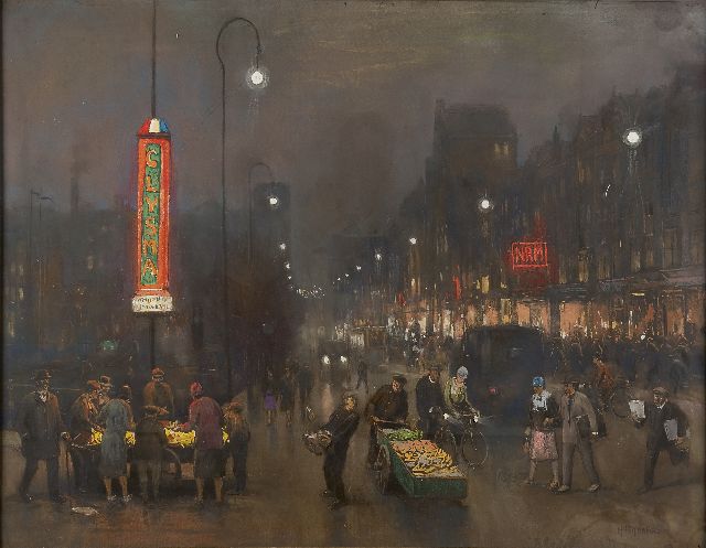 Herman Heijenbrock | Avond op het Damrak te Amsterdam, pastel op papier, 69,5 x 89,5 cm, gesigneerd r.o.