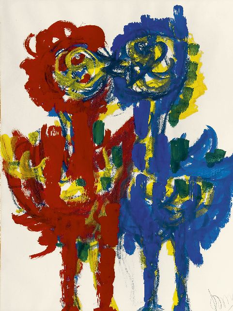 Gerrit Benner | Kussende kippen, krijt en gouache op papier, 65,0 x 50,0 cm, gesigneerd r.o. en midden jaren '60