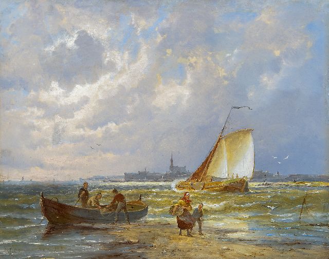 Pieter Cornelis  Dommershuijzen | Vissers bij een rivier, mogelijk bij Kampen, olieverf op paneel, 20,2 x 25,3 cm, gesigneerd l.o. en gedateerd 1891