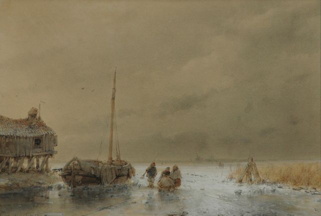 Andreas Schelfhout | IJsgezicht met figuren bij een vissershut, pen, inkt, aquarel en gouache op papier, 22,1 x 32,5 cm, gesigneerd l.o. en gedateerd '52