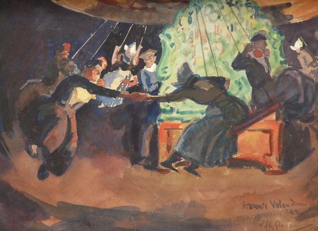 Willy Sluiter | Kermis Volendam: in de zweefmolen, aquarel en gouache op papier, 26,8 x 33,0 cm, gesigneerd r.o. en gedateerd '22