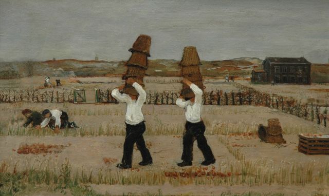 Harm Kamerlingh Onnes | Uienoogst, olieverf op schildersboard, 27,6 x 44,9 cm, gesigneerd r.o. met monogram en gedateerd '37