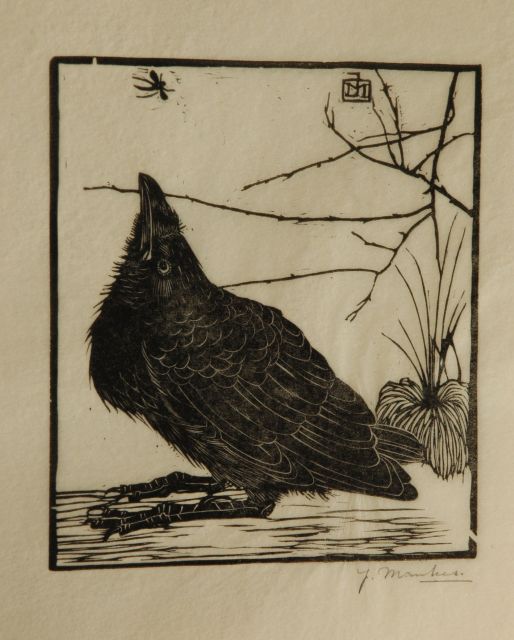 Mankes J.  | Kraai, omhoog kijkend naar mugje, houtsnede op Japans papier 11,8 x 10,2 cm, gesigneerd met mon. in het blok en r.o. voluit (in potlood) en te dateren 1918