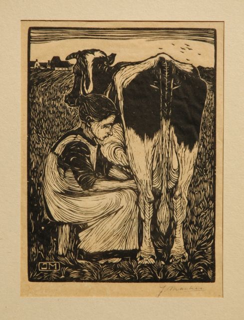 Jan Mankes | Koemelkster, houtsnede op papier, 19,2 x 14,2 cm, gesigneerd met mon. in het blok en r.o. voluit (in potlood) en te dateren 1914