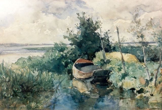 Willem Roelofs | Roeiboot in poldervaart, aquarel op papier, 16,0 x 23,0 cm, gesigneerd l.o.