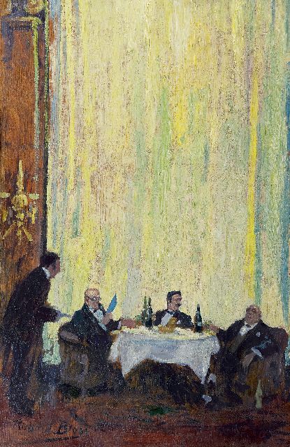 Richard Bloos | In het restaurant, Parijs, olieverf op paneel, 61,9 x 40,3 cm, gesigneerd l.o.
