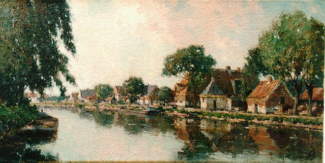 Gerard Delfgaauw | Dorpje  aan een rivier, olieverf op doek, 40,5 x 80,5 cm, gesigneerd r.o.