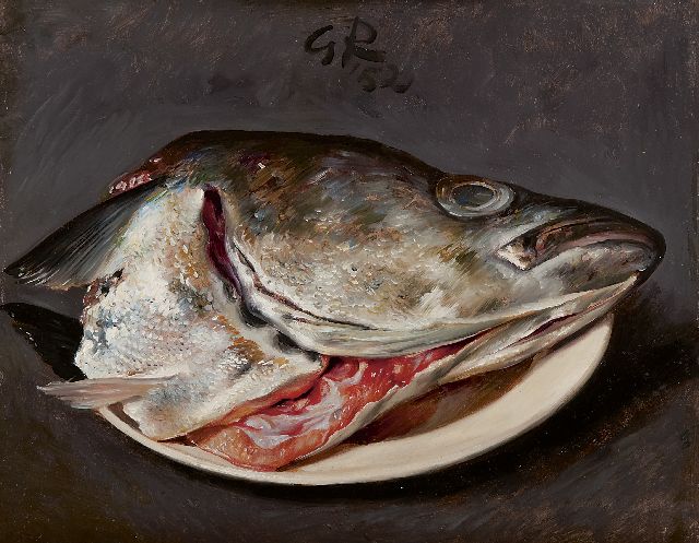 Gé Röling | Zalmkop op een bord, olieverf op board, 25,1 x 30,3 cm, gesigneerd m.b. met initialen en verso voluit en gedateerd '52 en verso 1952