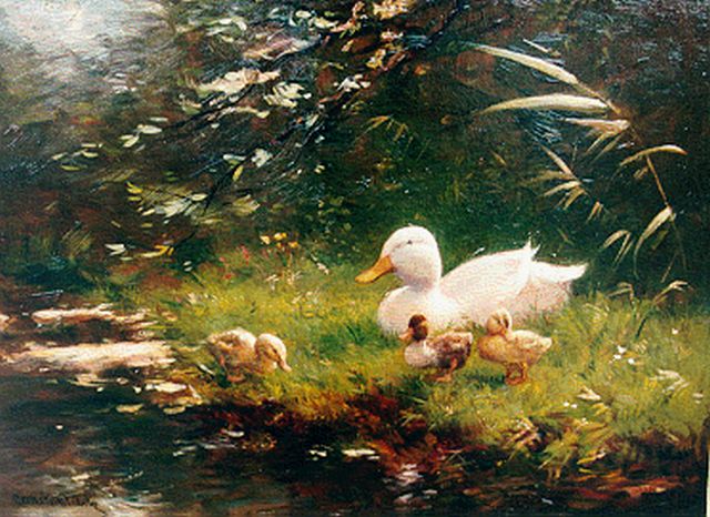 Constant Artz | Eendjes aan de waterkant, olieverf op paneel, 26,7 x 36,0 cm, gesigneerd l.o.