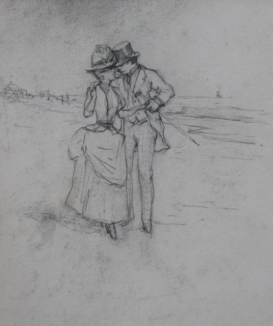 Frederik Hendrik Kaemmerer | Hofmakerij op het strand van Scheveningen met op de achtergrond de koepel van het Kurhaus, zwart krijt op papier, 31,9 x 33,1 cm, te dateren ca. 1885-1902