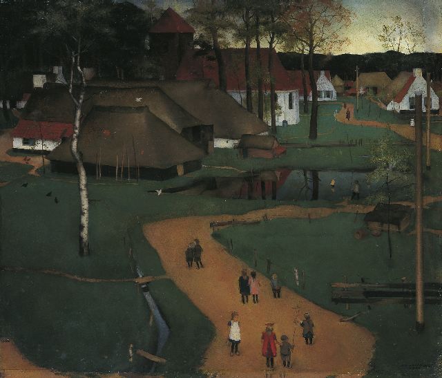 Johannes Baptist Mulders | Dorpsgezicht met kinderen, olieverf op papier op board, 61,2 x 71,0 cm, gesigneerd r.o. en gedateerd 1926