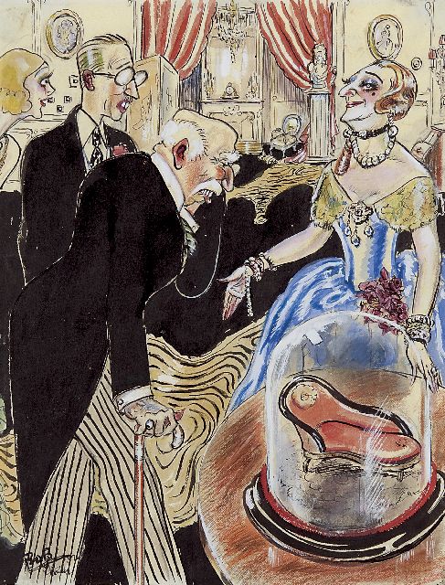 Rebecca van Gelder | De sociétaire en haar bibelot, pen en aquarel op papier, 27,0 x 21,0 cm, gesigneerd l.o. en gedateerd 'Londen' '32