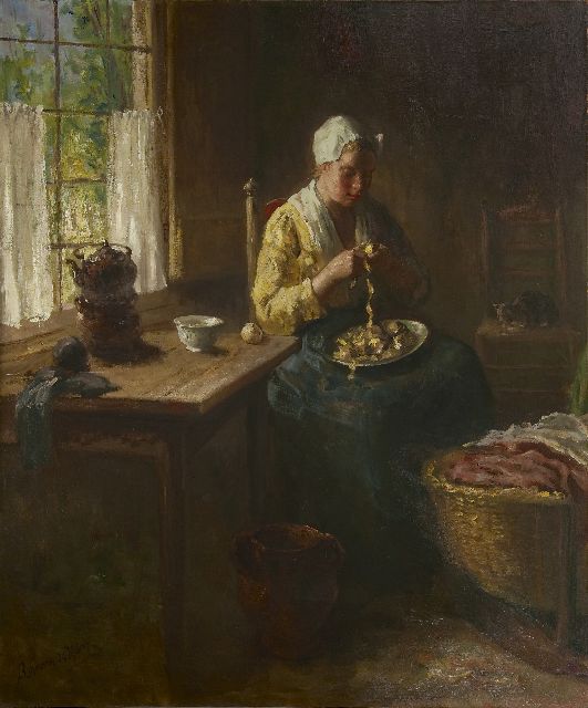 Hoog J.B. de | Aardappels schillen, olieverf op doek 120,3 x 100,3 cm, gesigneerd l.o.