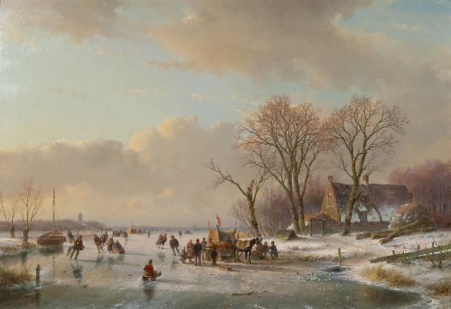 Andreas Schelfhout | Schaatsvertier op een bevroren rivier, olieverf op doek, 65,3 x 93,1 cm, gesigneerd l.o. en te dateren ca. 1855