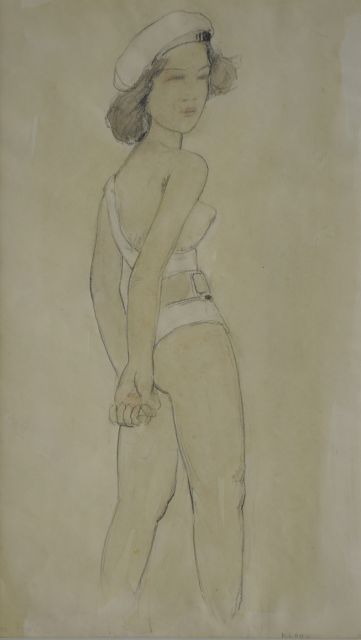 Cornelis Kloos | Meisje met wit lijfje, potlood en aquarel op papier, 30,9 x 18,0 cm, gesigneerd r.o.