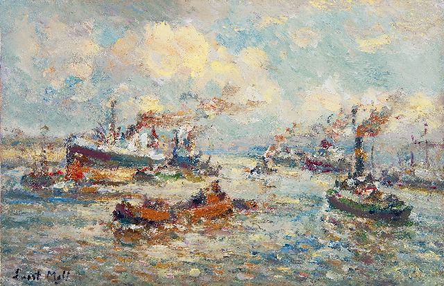 Evert Moll | Havengezicht in Rotterdam, olieverf op paneel, 23,0 x 35,0 cm, gesigneerd l.o.