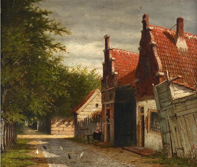 Johannes Jacobus Mittertreiner | Dorpsstraat met figuren in een deuropening, olieverf op schildersboard, 35,2 x 43,0 cm, gesigneerd r.o.