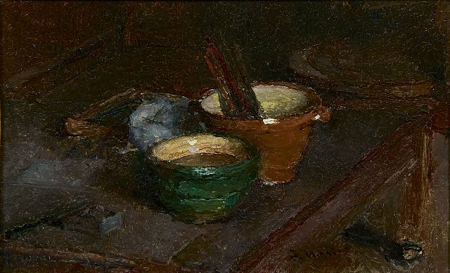 Jacob Maris | Stilleven met aardewerken kommen, olieverf op paneel, 13,0 x 20,6 cm, gesigneerd r.v.h.m.