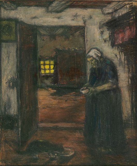 Robertson S.  | Melk voor de poes, pastel op papier 55,4 x 45,4 cm, gesigneerd r.o.