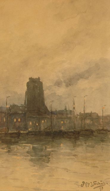 Willem Johannes Schütz | Gezicht op Dordrecht, aquarel op papier, 29,4 x 17,5 cm, gesigneerd r.o. en gedateerd '97