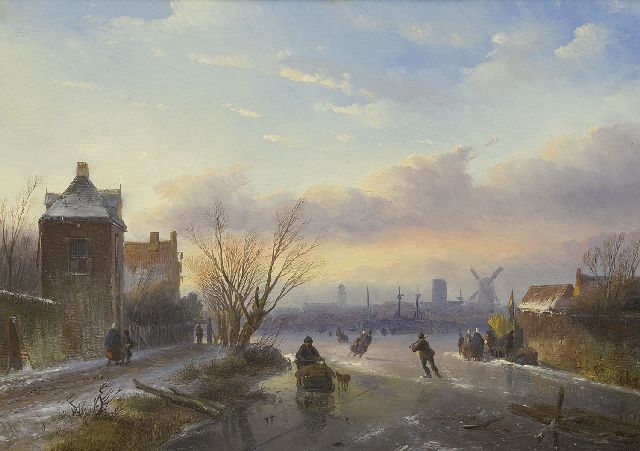 Jan Jacob Spohler | Schaatsers op een bevroren rivier bij een stad, olieverf op paneel, 30,5 x 43,0 cm, gesigneerd l.o.