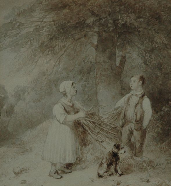 Andreas Schelfhout | Gesprekje in het bos, gewassen inkt op papier, 21,3 x 19,2 cm, gesigneerd r.o.