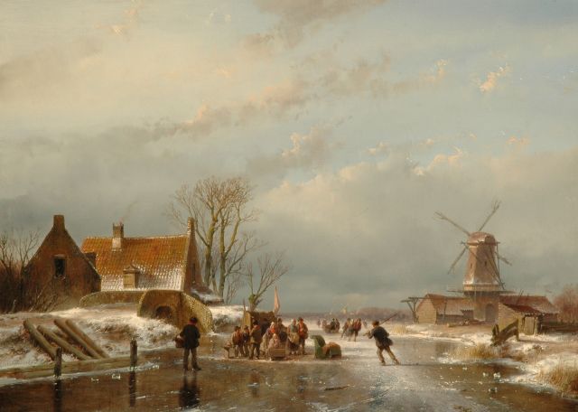 Andreas Schelfhout | IJsgezicht met schaatsers bij een koek-en-zopie, olieverf op paneel, 33,6 x 46,0 cm, gesigneerd l.o. en gedateerd '56