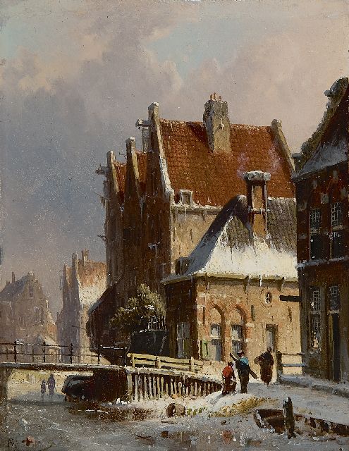 Adrianus Eversen | Besneeuwd grachtje, olieverf op paneel, 19,1 x 14,7 cm, gesigneerd l.o. met monogram
