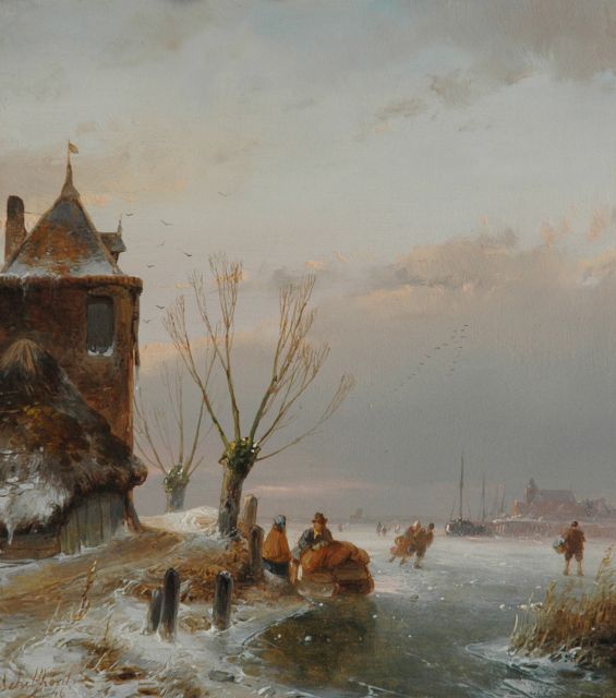 Andreas Schelfhout | Schaatsers bij een vestingtoren met een stad in het verschiet, olieverf op paneel, 18,6 x 16,6 cm, gesigneerd l.o. en gedateerd '46