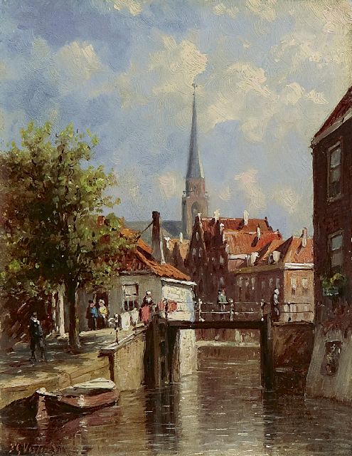 Petrus Gerardus Vertin | Gezicht op de Romeijnbrug met sluisdeuren in Oudewater, olieverf op paneel, 14,7 x 11,4 cm, gesigneerd l.o. en gedateerd '86