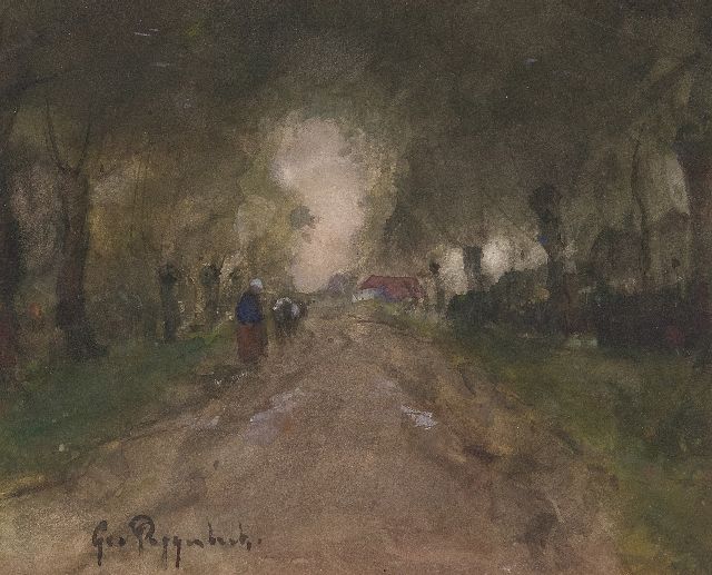 Geo Poggenbeek | Boerin met haar koe op een landweg, aquarel op papier, 16,5 x 20,3 cm, gesigneerd l.o.