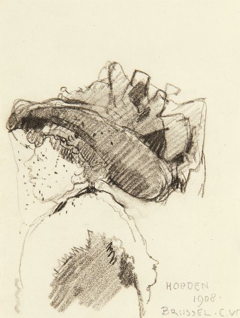 Cornelis Vreedenburgh | De nieuwste hoedenmode in Brussel, 1908, zwart krijt op papier, 13,2 x 10,2 cm, gesigneerd r.o. met initialen en gedateerd 1908