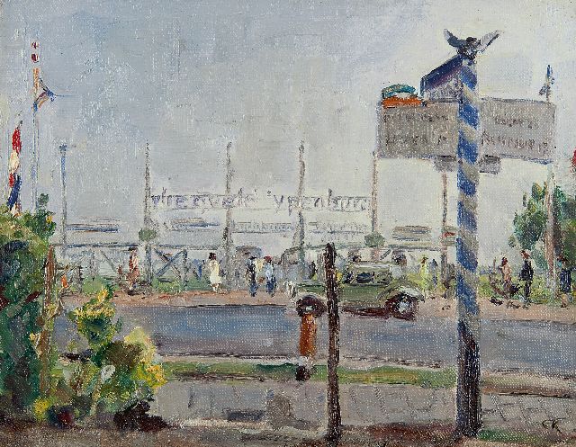 Hollandse School, begin 20e eeuw | Vliegveld Ypenburg bij Rijswijk, olieverf op doek, 24,4 x 30,2 cm, gesigneerd r.o. met initialen  CK