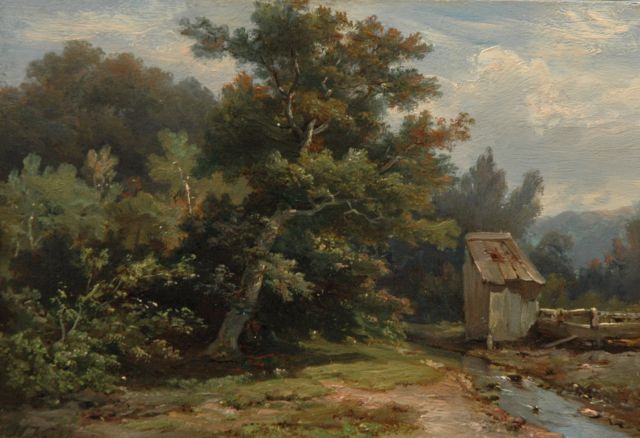 Hermanus Koekkoek | Boslandschap met beek en schuurtje, olieverf op paneel, 14,1 x 20,1 cm, gesigneerd l.o.